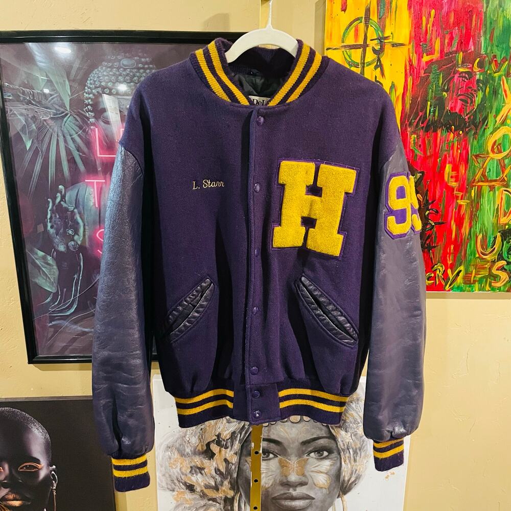80s Sportswear DeLong Letterman Varsity Leather/Wool Streetwear Purple Jacket L